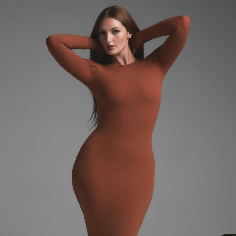 SKIMS Fits Everybody Crew Neck Long Sleeve Dress in Bronze